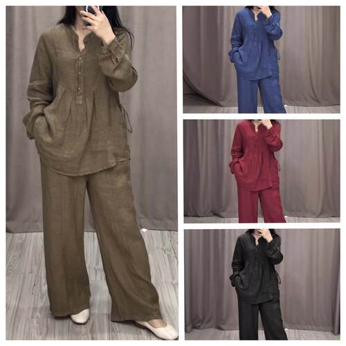 Cotton and linen long sleeved half open collar pleated