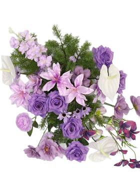 婚礼装饰紫色壁挂花艺KT板墙面摄影背景布置仿真绢花挂花地排花