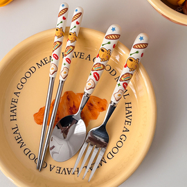 可爱卡通面包狗餐具陶瓷手柄304不锈钢勺子叉子筷子学生便携套装