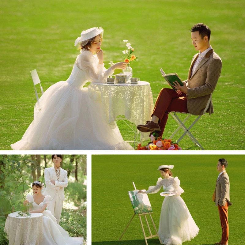 新款森系法式浪漫清新婚纱照影楼外景摄影道具铁艺桌椅画架油画板