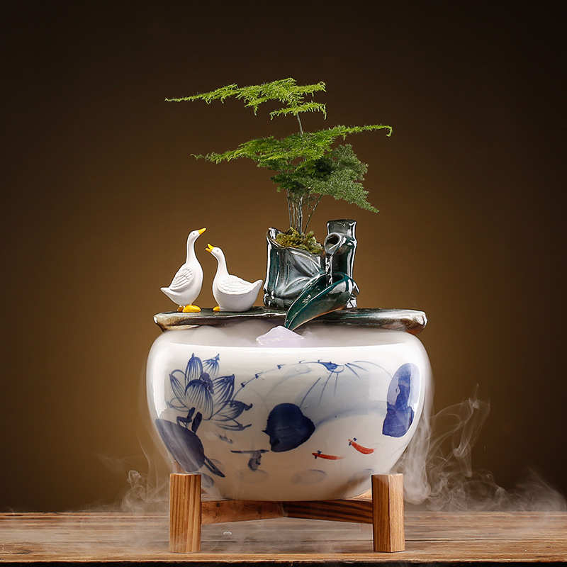 鱼缸陶瓷装饰茶桌玄关茶室桌面客厅办公室招财金鱼缸造景流水摆件