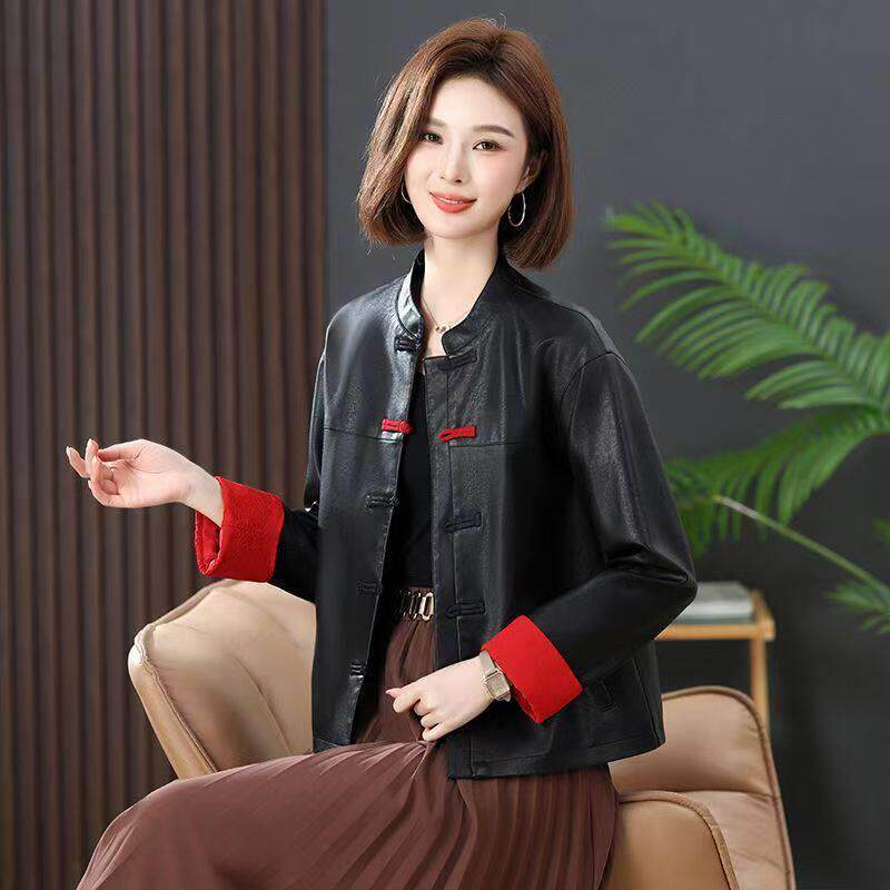中式国风真皮皮衣女秋冬新款时尚气质宽松立领短款加棉皮夹克外套