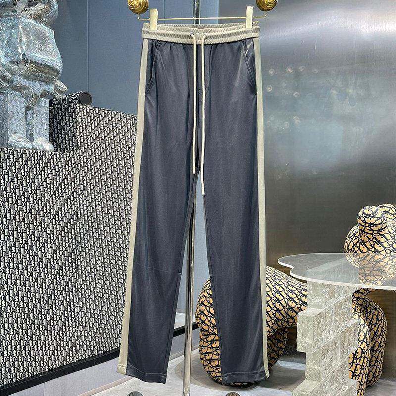 IT ins潮牌醋酸冰丝直筒裤男士夏季拼接织带条纹运动宽松休闲裤