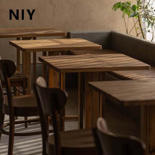 niy中古餐桌方桌桌子咖啡户外实木桌椅复古侘寂咖啡桌商用老做旧