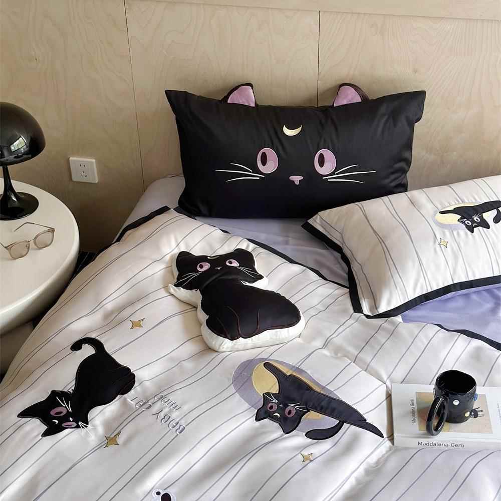 可爱卡通猫咪刺绣天丝三四件套冰丝被套丝滑裸睡少女卧室床品