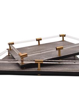 现代新中式轻奢样板房魔鬼鱼软装样板间客厅茶几桌面托盘饰品摆件