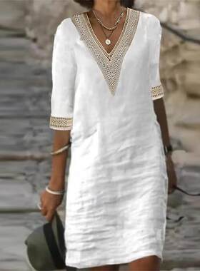 Women Cotton Linen Dress Summer Fashion Solid Color Hallow O