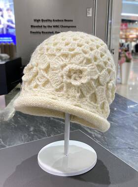 帽子手工钩织花朵包头帽女秋冬季双层卷边保暖百搭套头帽显1013d