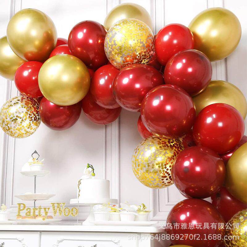 10寸双层石榴红气球花环套装生日婚礼单身派对金色花环装饰