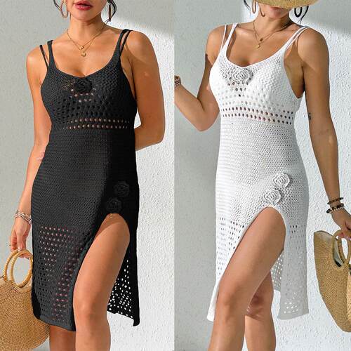 Women'S Crochet Knit Beach Cover Up Midi Dress Double Straps