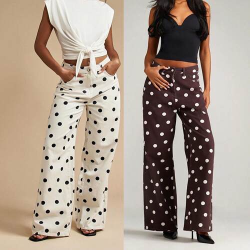 Wave dot mid waist non elastic denim pants for women, wave