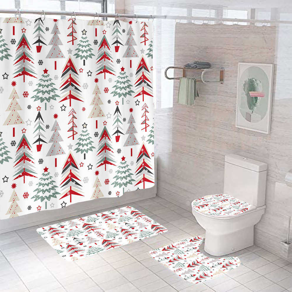 浴室帘数码印花圣诞节防水浴帘防霉涤纶浴帘套装四件套