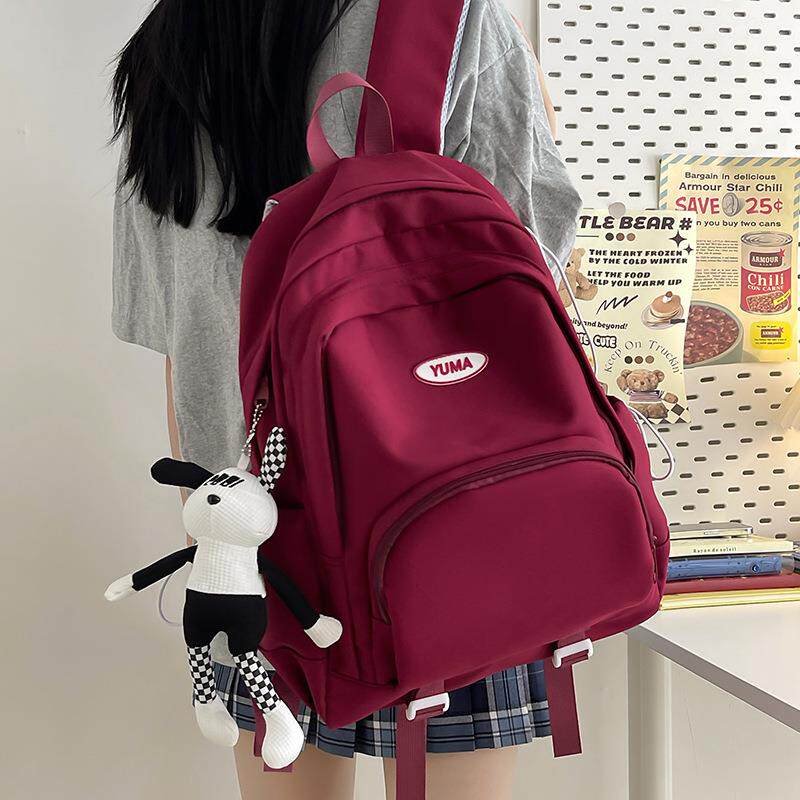 大容量高中学生书包女ins风高颜值酒红色学院风中学生休闲双肩包