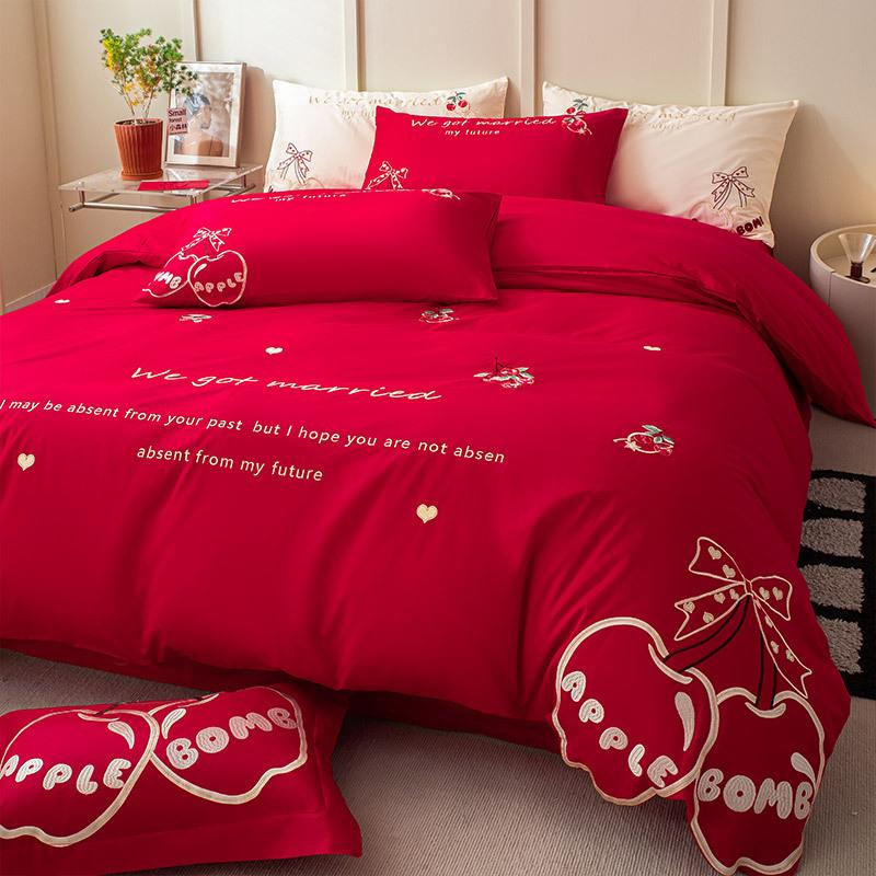 婚床上四件结奢套12JKB0s长绒棉轻红色纯棉床喜被套婚庆用品单南