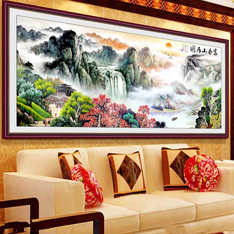 国画富春山居图墙布自粘山水画墙贴客厅沙发背景墙装饰画2023新款图片