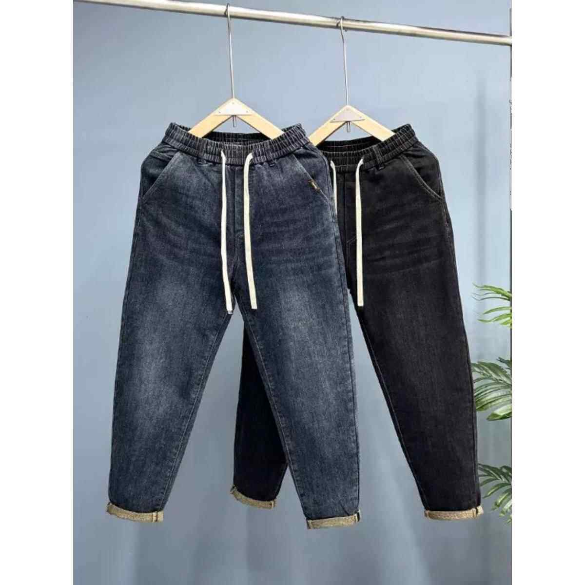 IT ins潮牌牛仔裤男士春秋加绒加厚松紧腰抽绳直筒宽松九分休闲裤