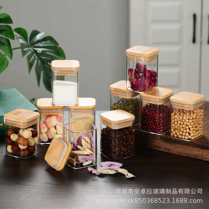 竹盖10件套玻璃罐珍珠棉套装量勺佐料收纳盒高硼硅耐热储物盒批发