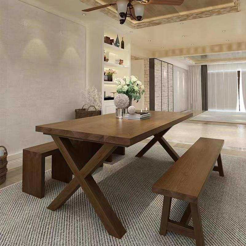 美式实木餐桌长方形复古原木饭桌椅组合小户型长条桌客厅大工作台