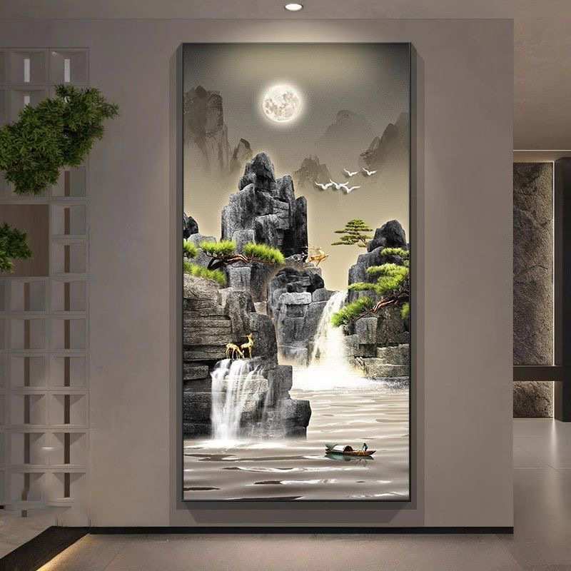 背靠金山装饰画样板间工装高级感玄关画带灯客厅过道LED晶瓷画