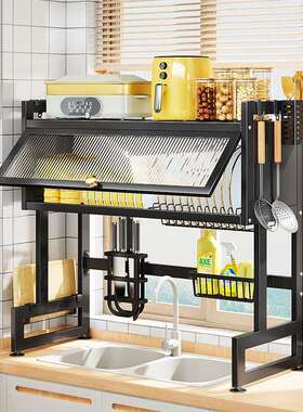 A524厨房水槽台面上方置物架带柜门防尘放碗盘多功能水池沥水洗碗