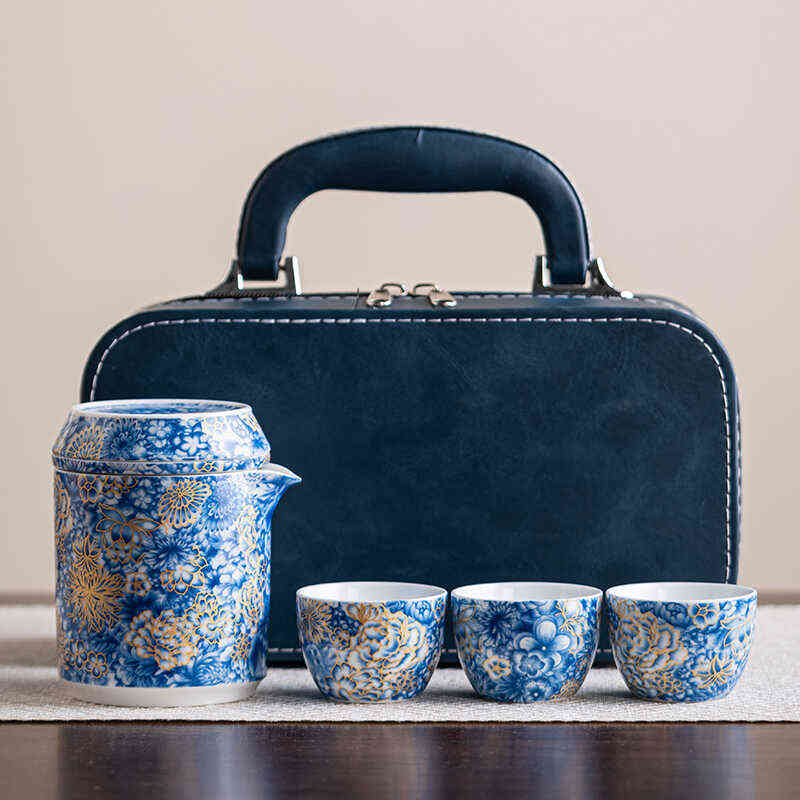 珐琅彩快客杯便携式一壶三杯户外旅行茶具套装实用商务伴手礼