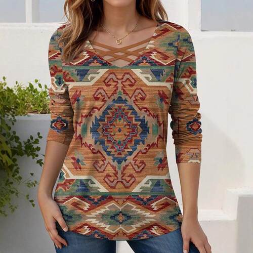 Belt long shirt printed top 带子长恤印花上衣