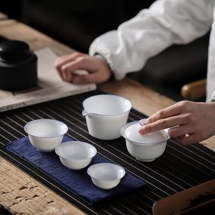 甜白瓷盖碗旅行茶具套装手绘蓝边薄胎快客杯简约家用泡茶便捷式包