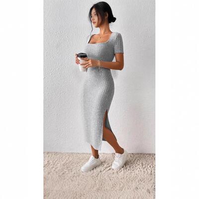 Women's square neckline, side slit, hip hugging skirt,