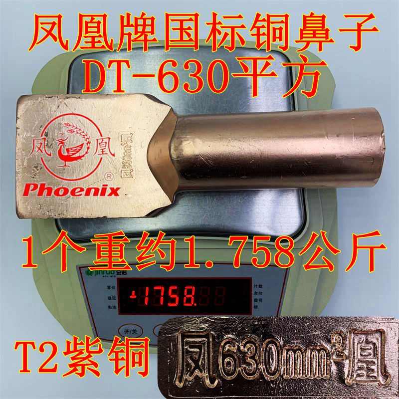 凤凰铜鼻子DT-630平方国标T2紫铜牛鼻子铜线耳铜端子接线鼻子方头