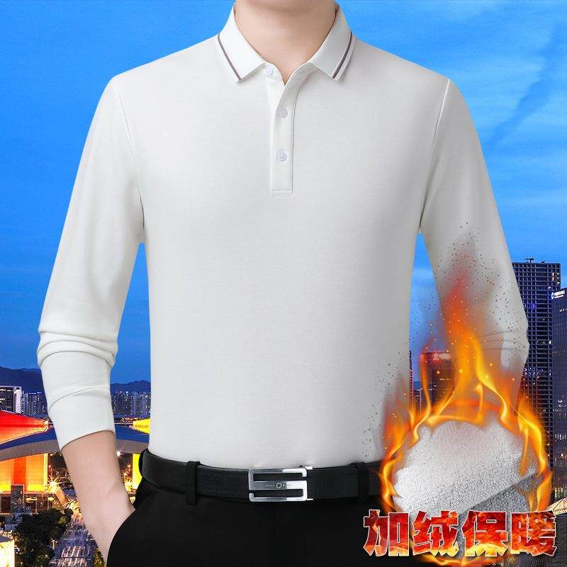 5573-P品l长T恤男加绒2025秋冬新款翻领纯色高端牌桑蚕丝poo袖衫