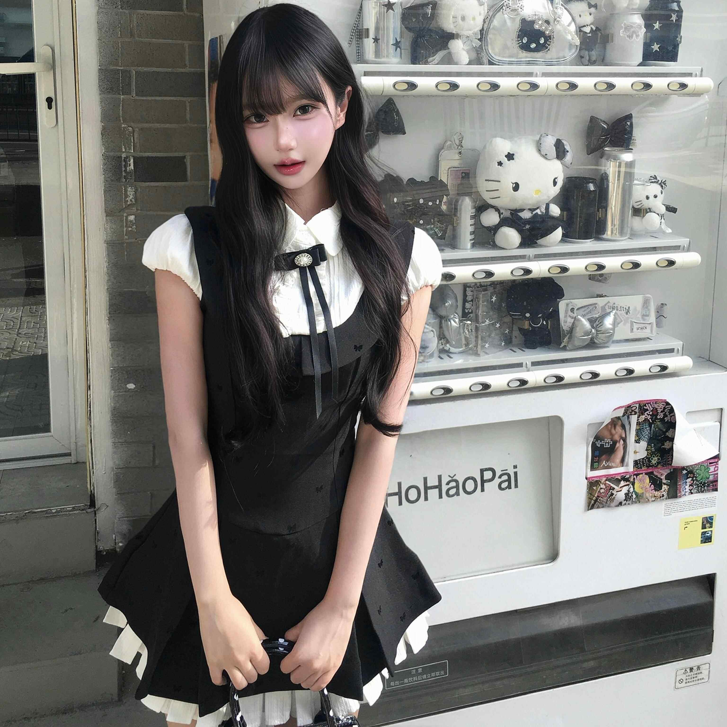 夏天巨好看的掐腰假两件学院风洋装女夏小个子千金miu系小黑裙