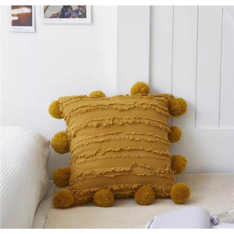 正品新款复古风简枕约沙发抱日式棉麻花提球球抱枕纯色流苏靠腰垫