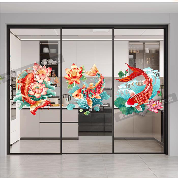 中国风厨房荷花锦鲤玻璃门贴纸传统店铺餐厅贴橱窗装饰静电贴画