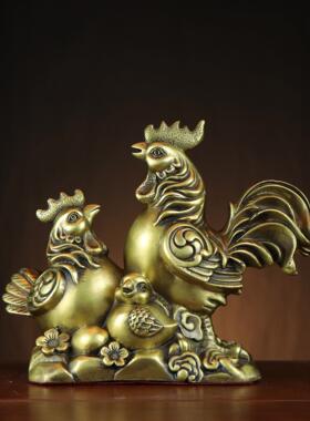 铜鸡摆件全家福鸡公母鸡一对家居玄关装饰品如意鸡全家福鸡