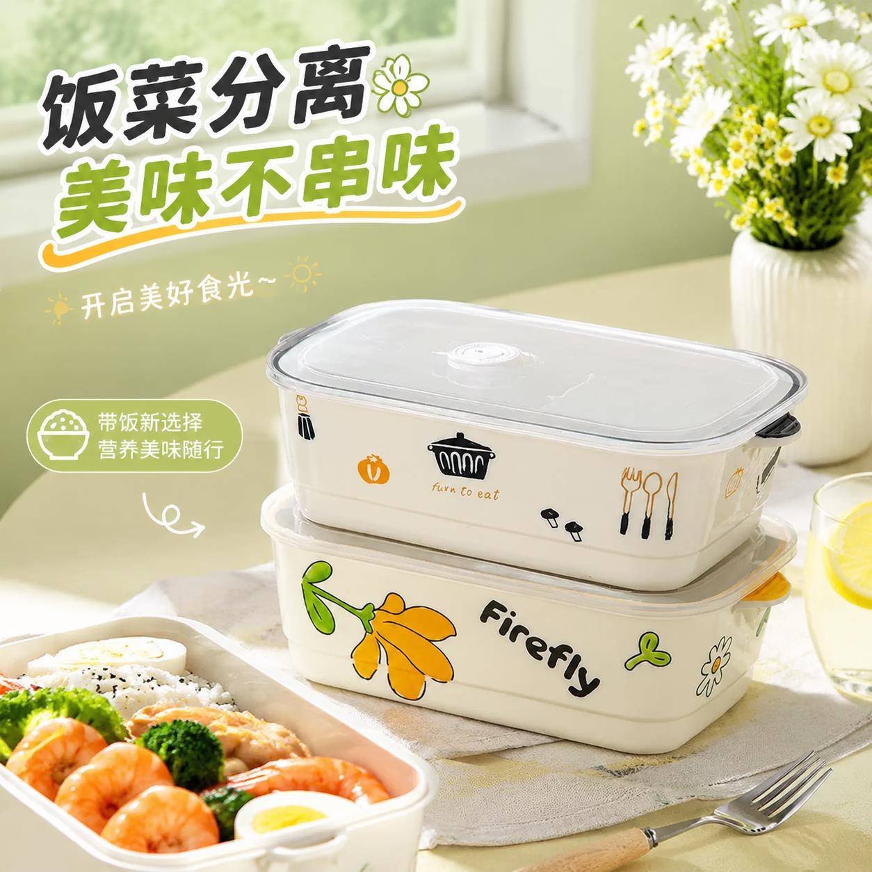 饭菜分离饭盒分装上班族陶瓷便当盒午餐带饭釉下彩三格保鲜不串味