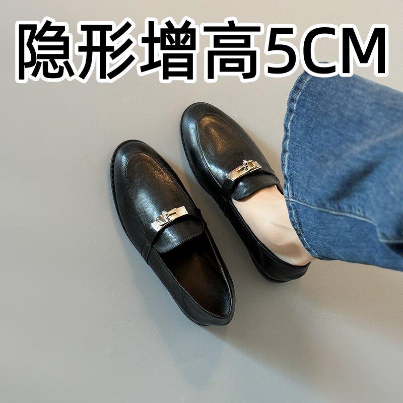 香港真皮内增高复古金属扣乐福鞋女2026春季新款小个子一脚蹬单鞋