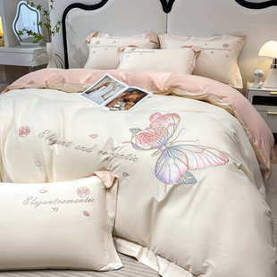 床上用品4 高端100支长绒棉四件套纯棉蝴蝶刺绣被套全棉床单床笠款