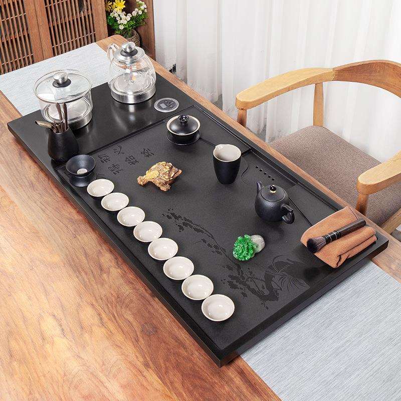 整块乌金石茶盘套装全自动上水茶台烧水壶一体电磁炉家用茶海刻字