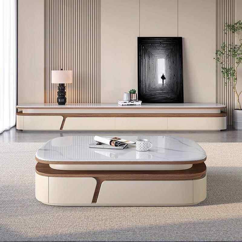 轻奢椭圆微晶石岩板茶几电视柜组合简约现代小户型茶几客厅家用