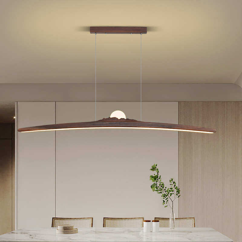 极简新中式黑胡桃木长条吊灯餐厅茶室侘寂风山水禅意吧台一字吊灯
