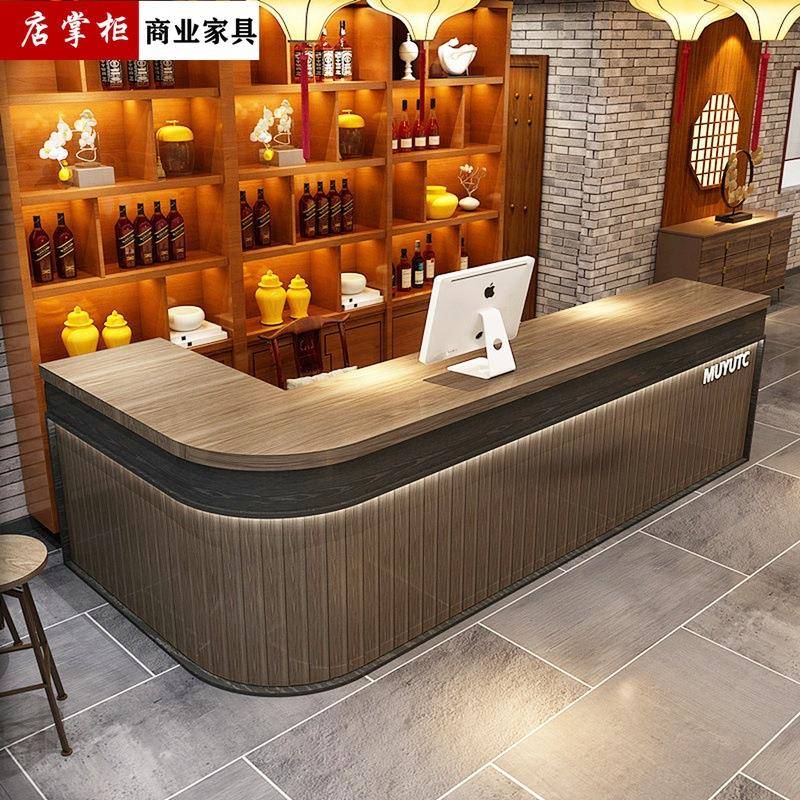 复古收银台转角饭店餐厅酒吧吧台桌餐馆烧烤店铺商用实木弧形