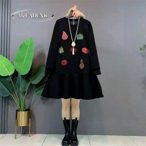 香港胖妹妹新款圆领卫衣裙减龄大码女装烫钻显瘦休闲宽松连衣裙潮