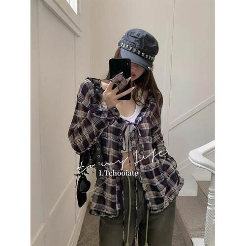 I.Tchooiate设计感撞色格子防晒衬衫女装长袖系带花边衬衣薄外套
