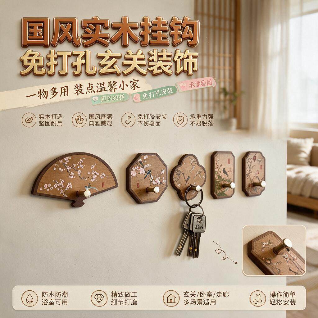 宋代美学收纳挂钩创意钥匙挂架新中式免打孔装饰挂钩客厅挂衣单钩