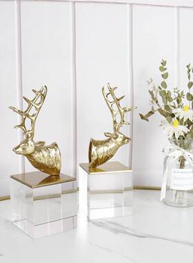 书房简约现代晶玻璃底座金20200504属鹿头书立摆件房样板工水艺装