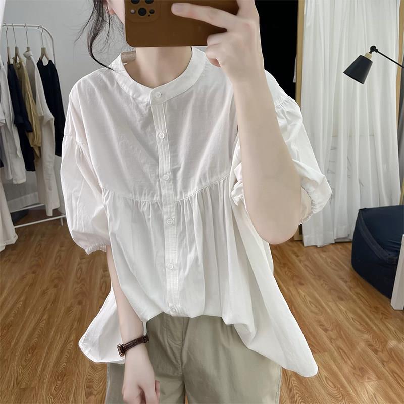 欧洲站白色衬衫女高级感轻奢时尚宽松设计感灯笼袖纯棉短袖娃娃衫