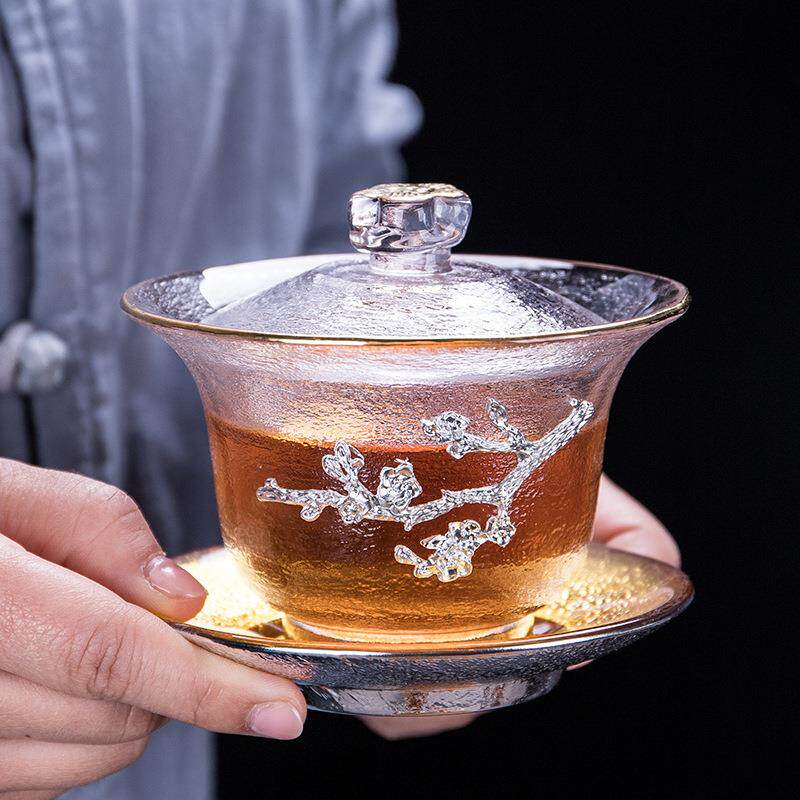 耐纯锡加厚描金梅花琉璃三才盖碗茶杯子透明玻璃加厚加热沏茶盖碗