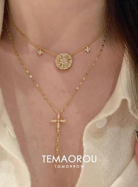 两件套！爆闪满钻八芒星锁骨链女轻奢精致十字架流苏吊坠项链配饰