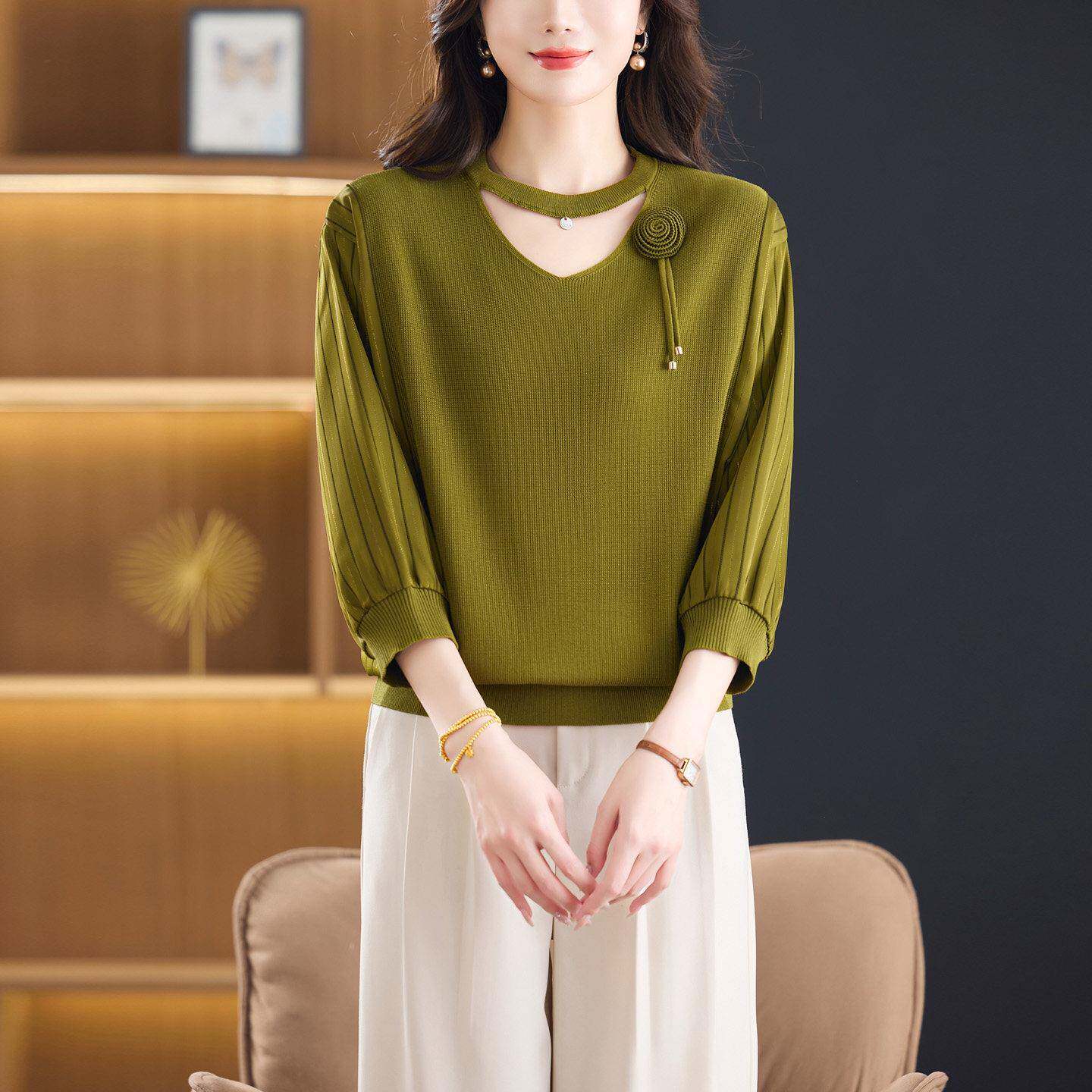 妈妈春夏装七分袖拼接显瘦镂空时尚冰丝针织小衫女桑蚕丝洋气上衣