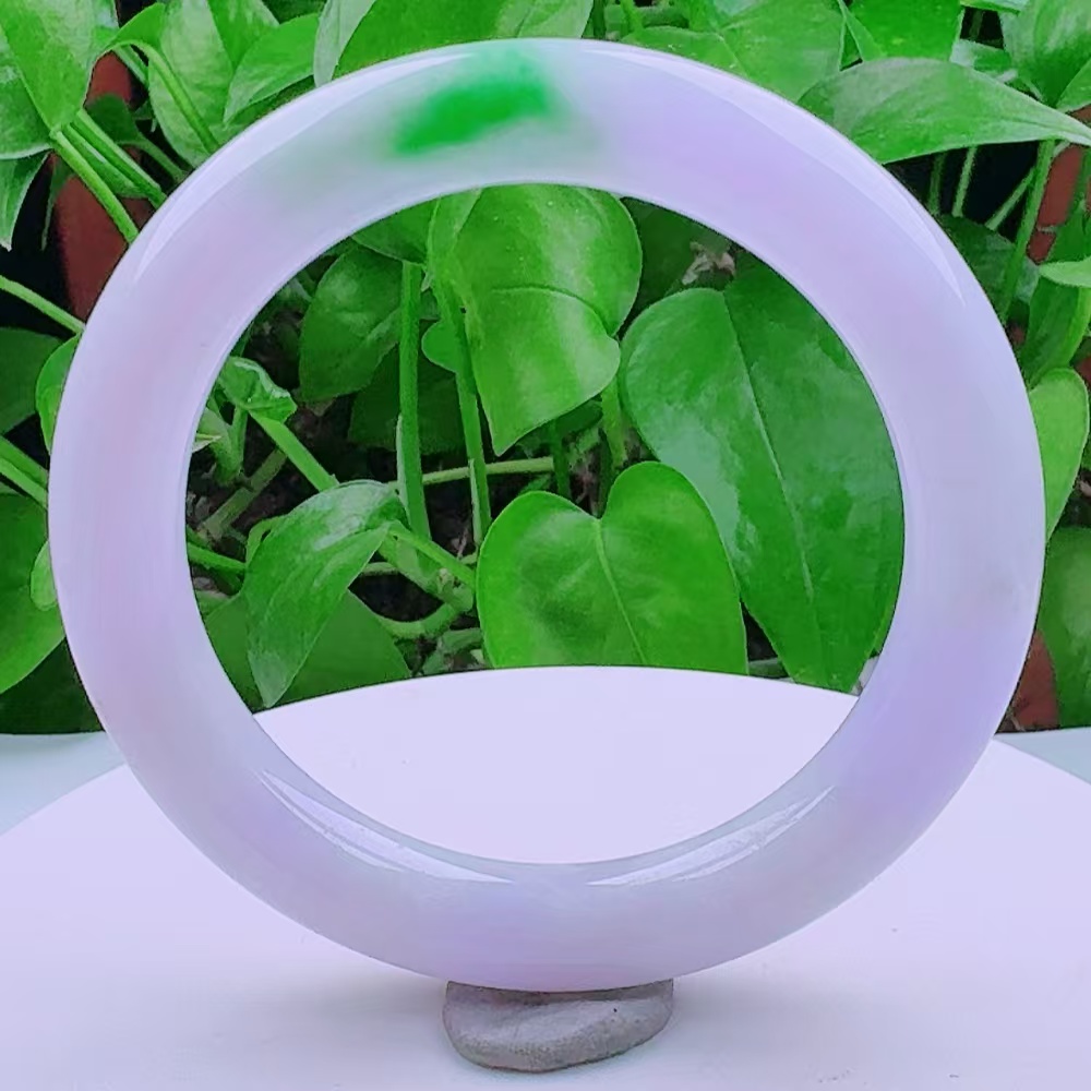 56圈口 天然翡翠玉镯冰紫罗兰飘绿满紫满色冰圆条手镯 59.93g